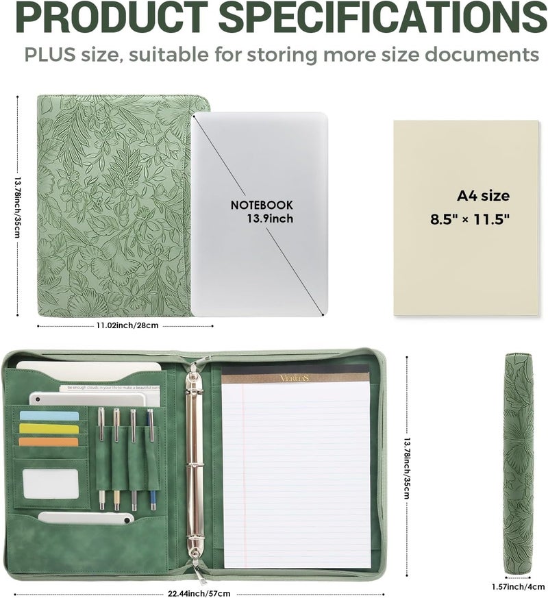 FORTAVEM Embossed Faux Leather Zippered Padfolio with 3 Ring Binder, Executive Portfolio Organizer Binder for Women, Fits 13.9" Laptop/Tablet, Refillable Writing Pad Pocket, Green - Image 3